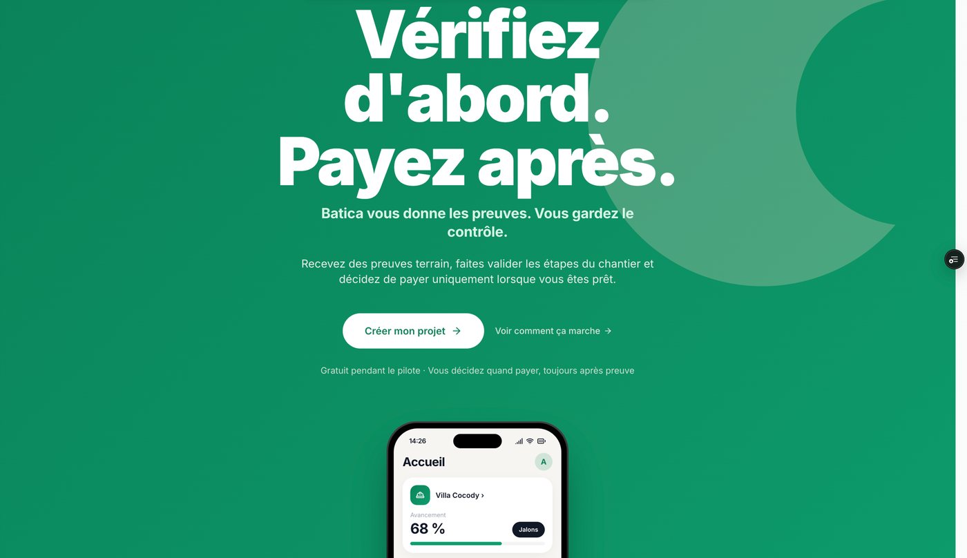 Page d'accueil de Batica : le titre Vérifiez d'abord, payez après, et une maquette d'application mobile affichant un chantier nommé Villa Cocody à 68 pour cent d'avancement, avec un accès aux jalons.